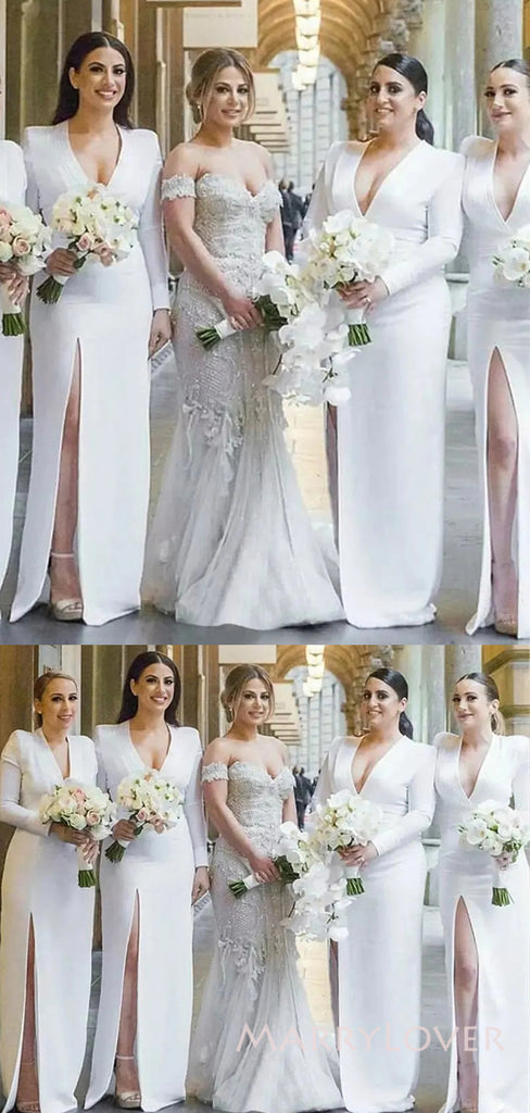 Deep V-neck White Mermaid Long Cheap Custom Long Sleeves Formal Bridesmaid Dresses, MRB0281