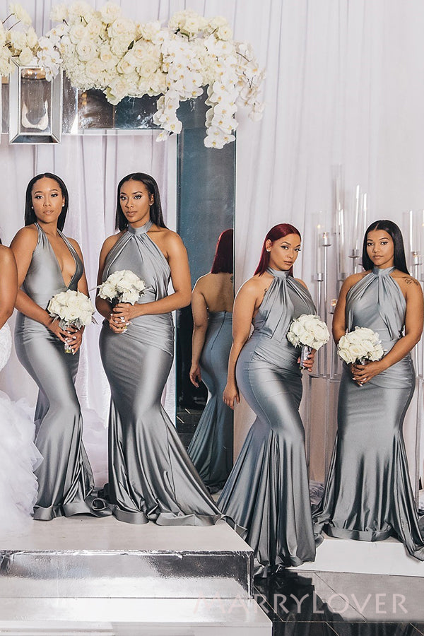 Mismatched Silver Grey Satin Long Cheap Custom Mermaid Bridesmaid Dresses, MRB0284