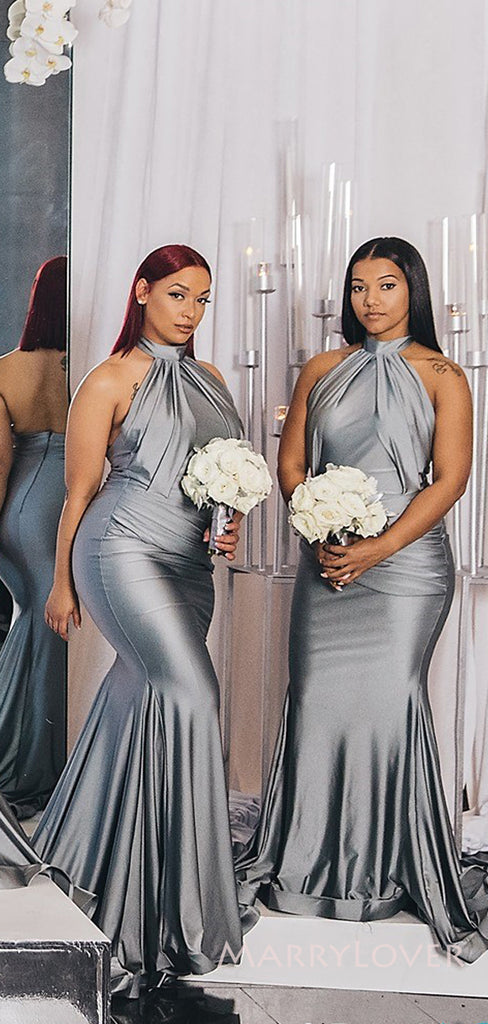 Mismatched Silver Grey Satin Long Cheap Custom Mermaid Bridesmaid Dresses, MRB0284