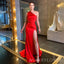 High Slit Formal Red Satin Mermaid Long Cheap Custom One Shoulder Bridesmaid Dresses, MRB0292