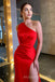 High Slit Formal Red Satin Mermaid Long Cheap Custom One Shoulder Bridesmaid Dresses, MRB0292