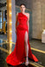 High Slit Formal Red Satin Mermaid Long Cheap Custom One Shoulder Bridesmaid Dresses, MRB0292