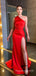High Slit Formal Red Satin Mermaid Long Cheap Custom One Shoulder Bridesmaid Dresses, MRB0292