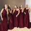 One Shoulder Burgundy Mermaid Long Cheap Custom Bridesmaid Dresses, MRB0294