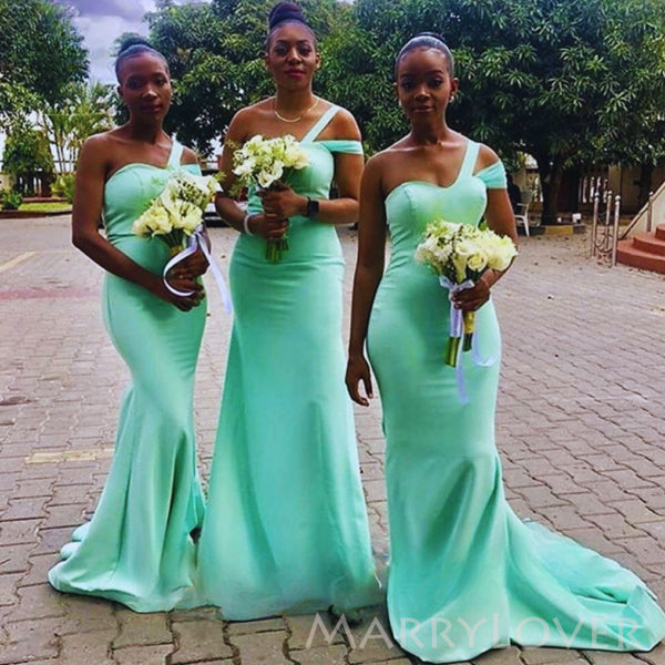 One Shoulder Mint Green Long Mermaid Custom Bridesmaid Dresses, MRB0306