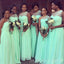 A-line Mint Green Chiffon One Shoulder Long Custom Bridesmaid Dresses, MRB0308