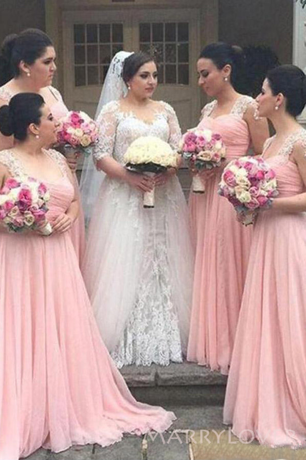 Pink Chiffon A-line Long Custom Bridesmaid Dresses, MRB0309