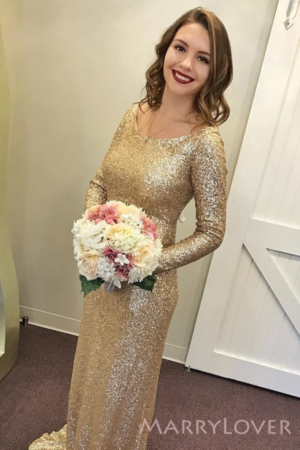 Gold Sequins Long Sleeves Scoop Long Custom Mermaid Simple Bridesmaid Dresses, MRB0311