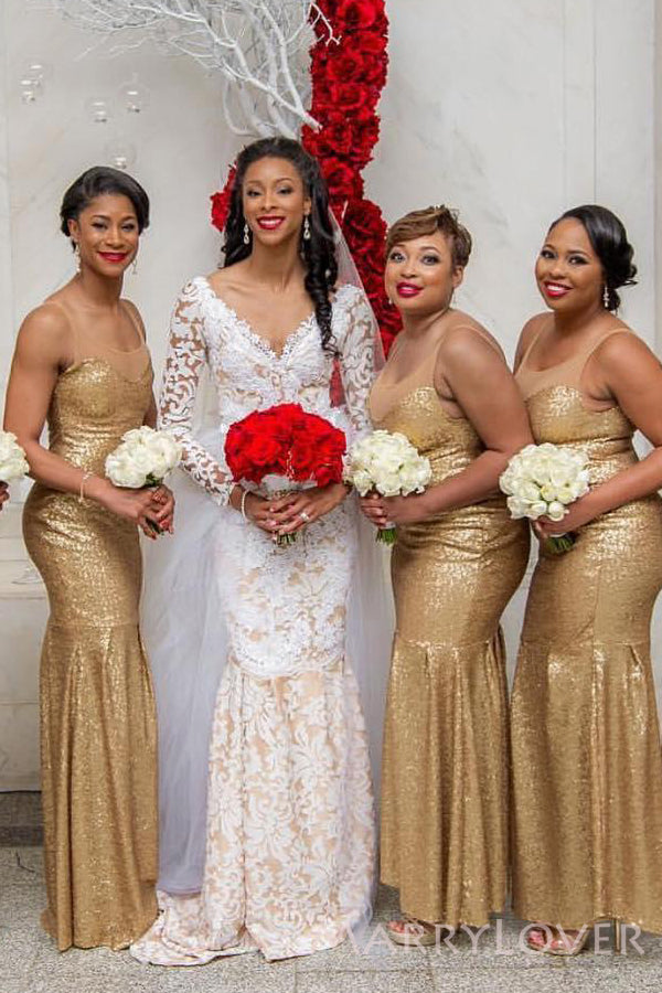 Gold Sequins Bateau Mermaid Long Custom Bridesmaid Dresses, MRB0314