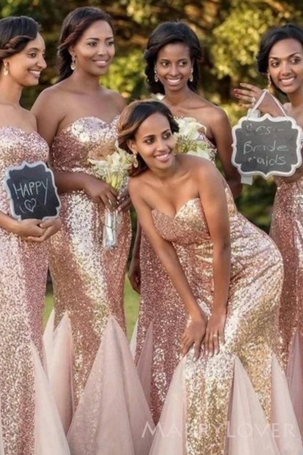 Sweetheart Rose Gold Sequins Mermaid Long Custom Strapless Bridesmaid Dresses, MRB0315