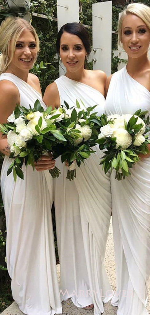 One Shoulder White Long Cheap Custom Bridesmaid Dresses, MRB0320