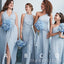 Mismatched Dusty Blue Long Cheap Custom Side Slit Bridesmaid Dresses, MRB0322