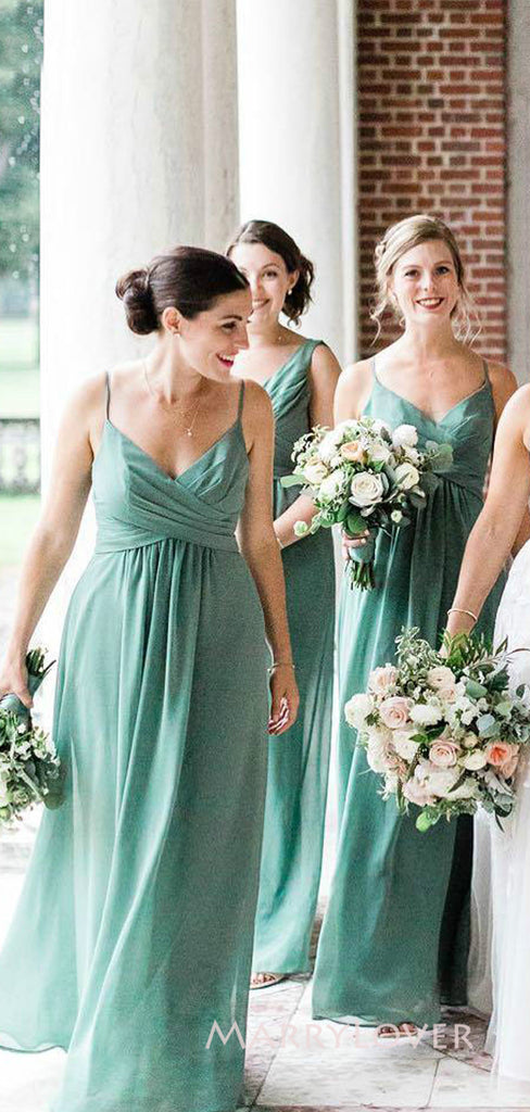 Mismatched Green Chiffon A-line Long Cheap Custom V-neck Bridesmaid Dresses, MRB0323