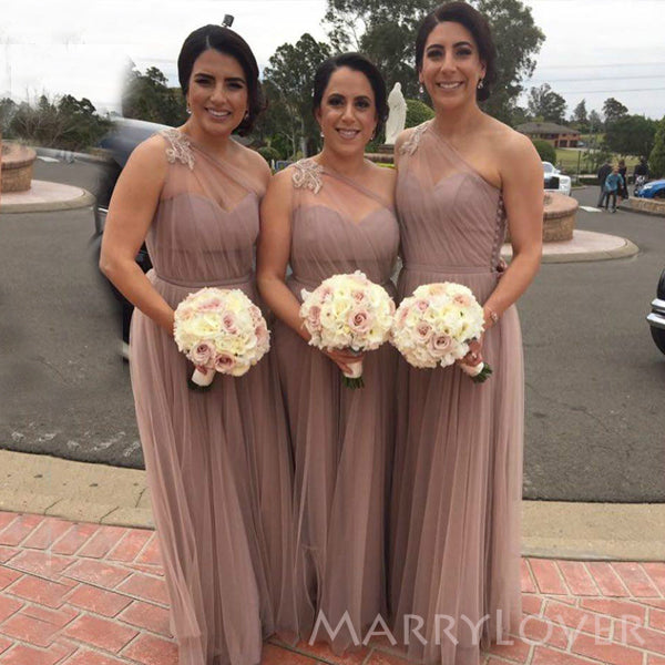 A-line Tulle One Shoulder Long Cheap Custom Bridesmaid Dresses, MRB0324