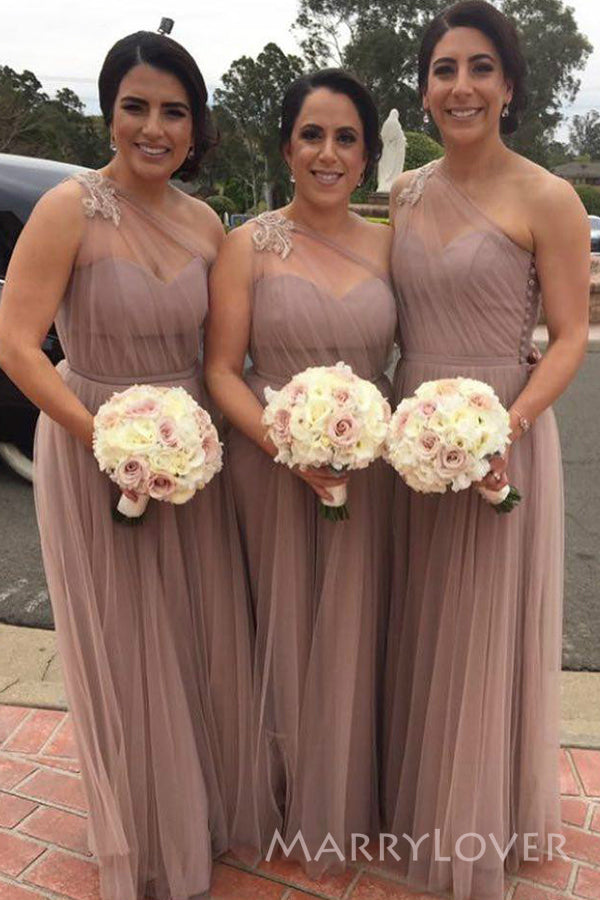 A-line Tulle One Shoulder Long Cheap Custom Bridesmaid Dresses, MRB0324