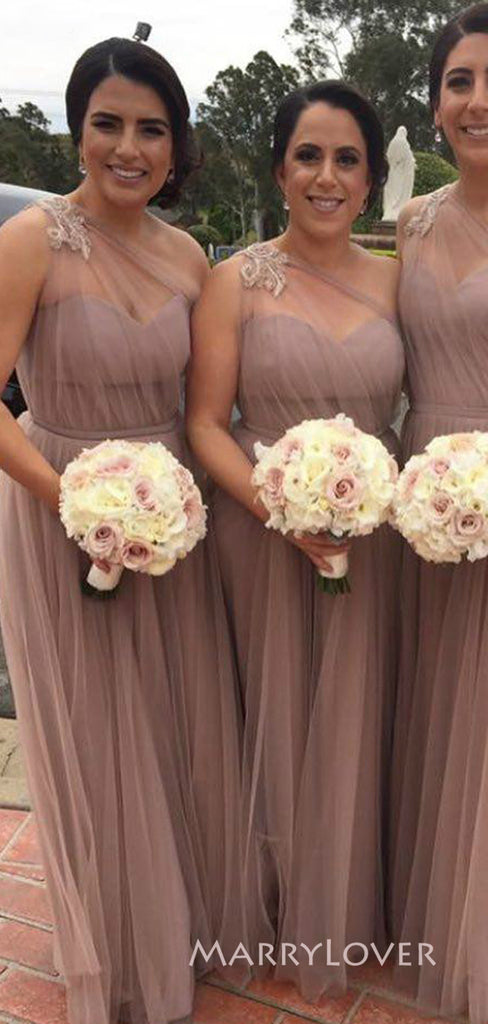 A-line Tulle One Shoulder Long Cheap Custom Bridesmaid Dresses, MRB0324