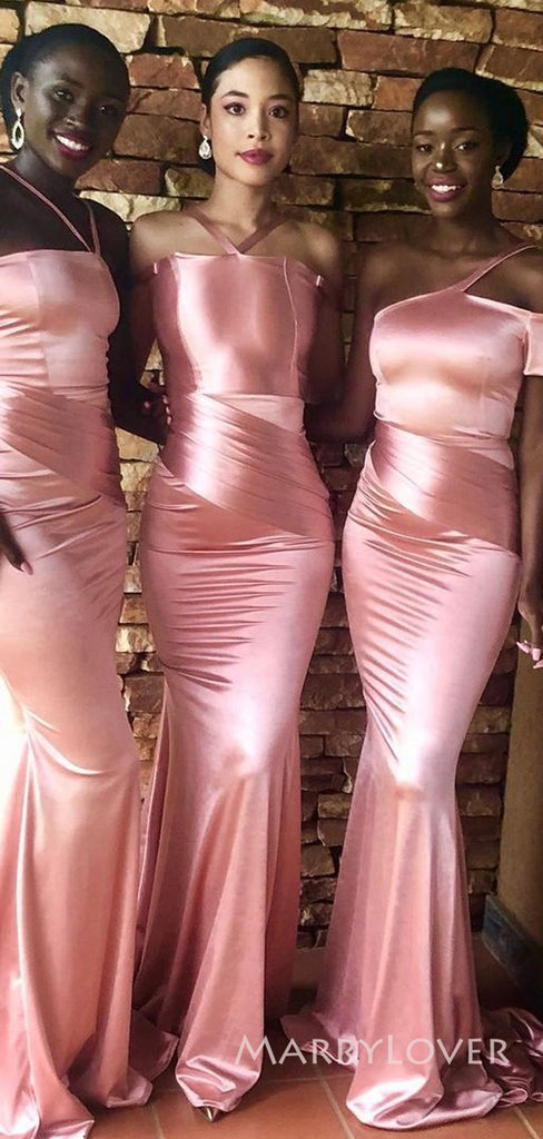 Pink Satin Mermaid Long Cheap Mismatched Bridesmaid Dresses, MRB0331