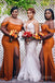 Burnt Orange Satin Mismatched Off Shoulder Long Cheap Mermaid Bridesmaid Dresses, MRB0333