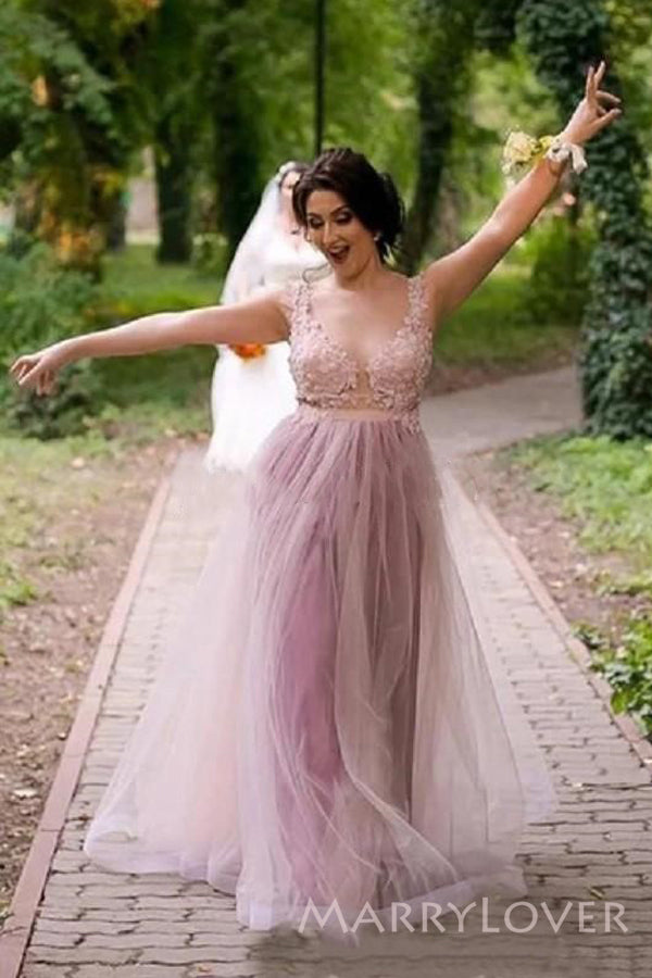 Deep V-neck Tulle Appliques Long Cheap Custom A-line Bridesmaid Dresses, MRB0334