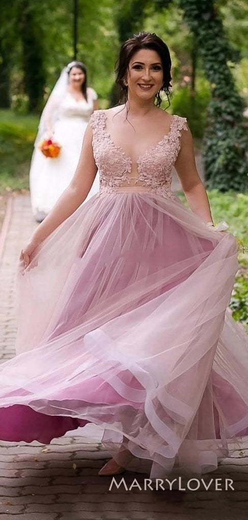 Deep V-neck Tulle Appliques Long Cheap Custom A-line Bridesmaid Dresses, MRB0334