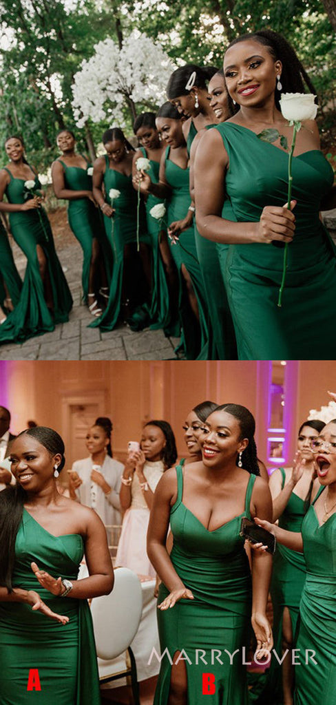 Mismatched Emerald Green Satin Mermaid Long Cheap Side Slit Bridesmaid Dresses, MRB0336