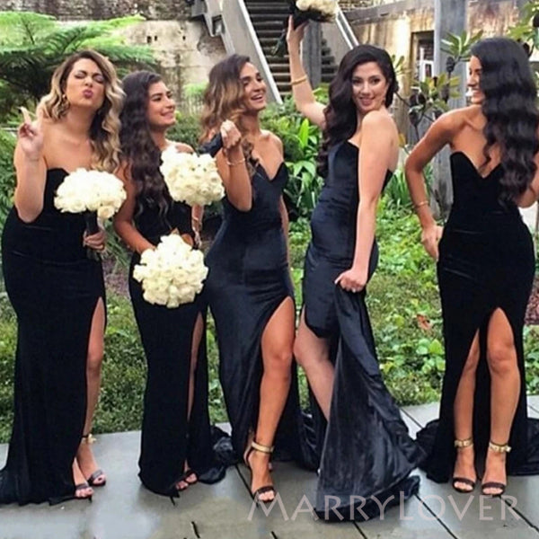 Black Velvet Mermaid Strapless Long Cheap Custom Sweetheart Bridesmaid Dresses, MRB0337