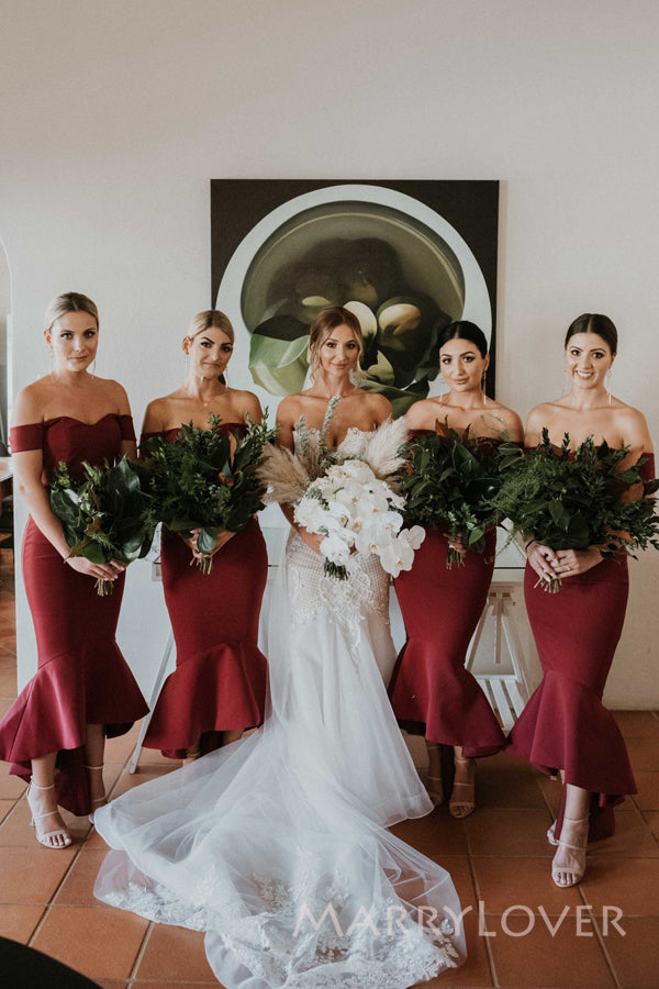 Off Shoulder Burgundy Mermaid Long Cheap Custom Satin Bridesmaid Dresses, MRB0338