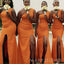 Mermaid Orange Side Slit Long Cheap Custom One Shoulder Bridesmaid Dresses, MRB0339