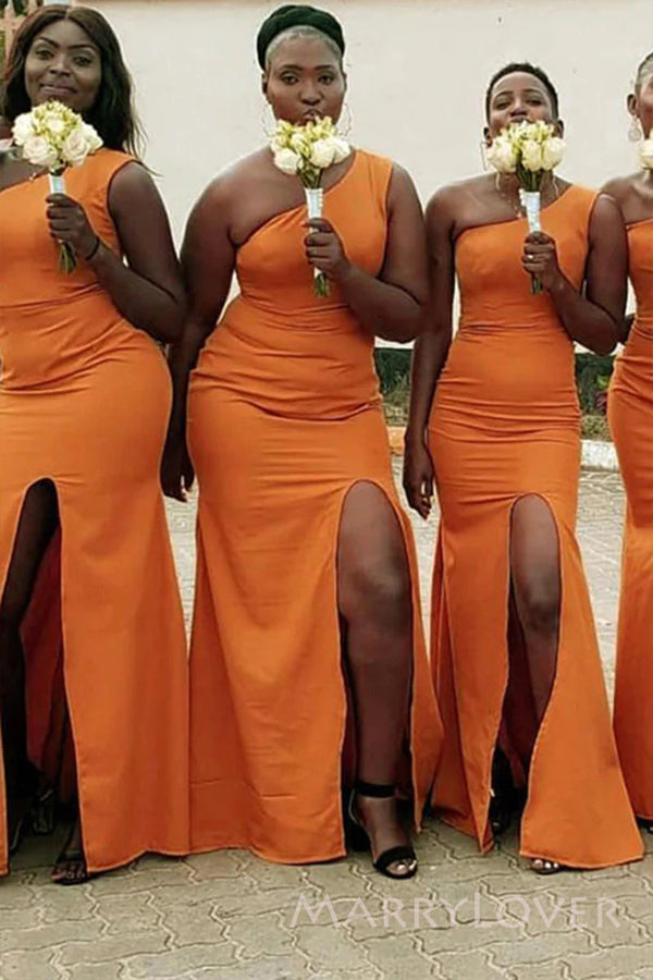 Mermaid Orange Side Slit Long Cheap Custom One Shoulder Bridesmaid Dresses, MRB0339