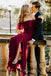 A-line Burgundy Chiffon Off Shoulder Long Cheap Custom Side Slit Bridesmaid Dresses, MRB0344