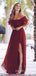 A-line Burgundy Chiffon Off Shoulder Long Cheap Custom Side Slit Bridesmaid Dresses, MRB0344