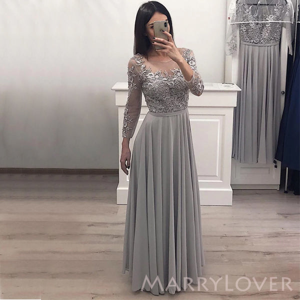 A-line Grey Chiffon Long Sleeves Appliques Long Custom Bridesmaid Dresses, MRB0112