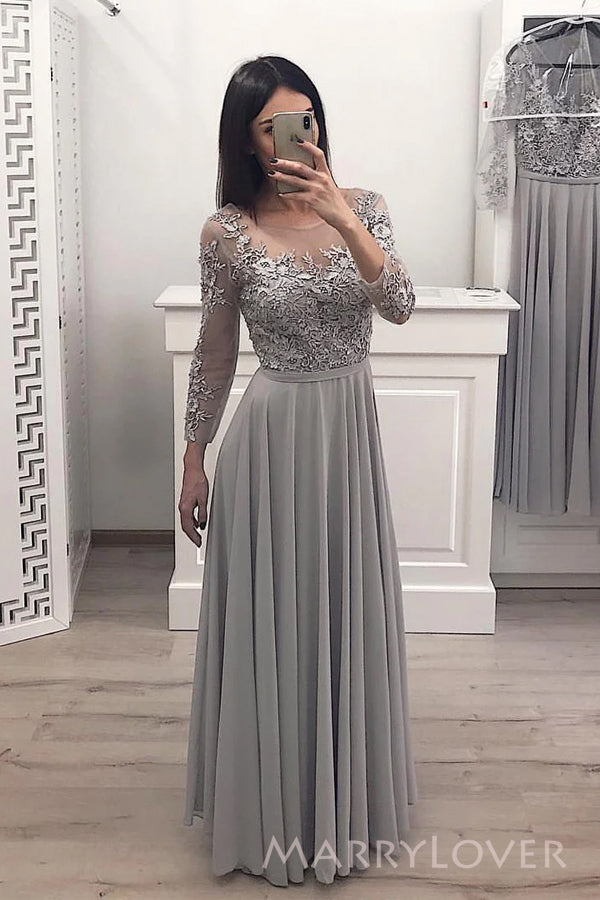 A-line Grey Chiffon Long Sleeves Appliques Long Custom Bridesmaid Dresses, MRB0112