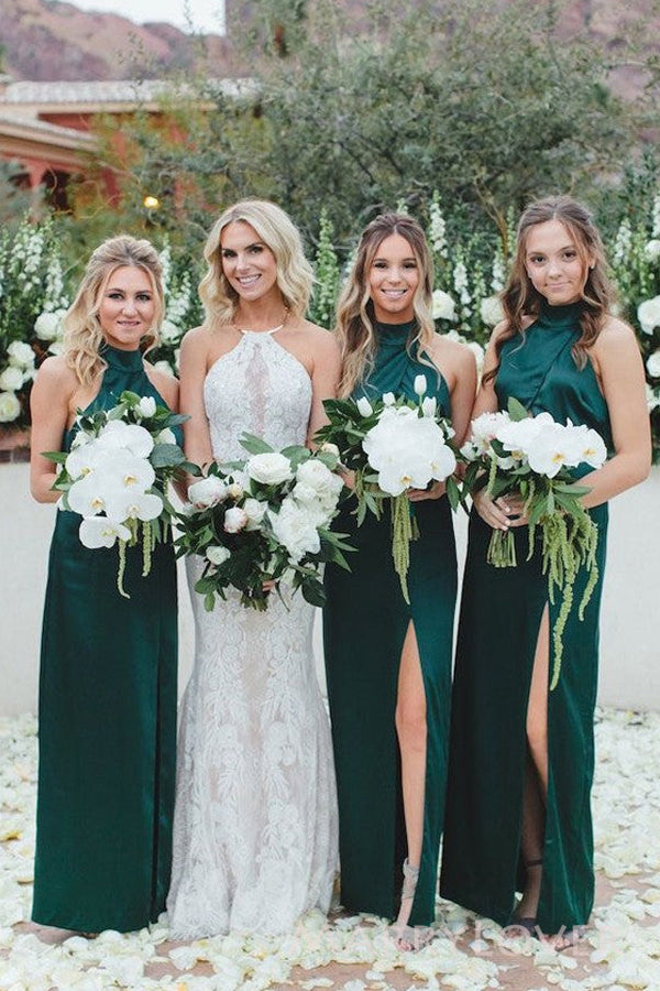 Dark Green Satin Halter Side Slit Long Custom Bridesmaid Dresses, MRB0113