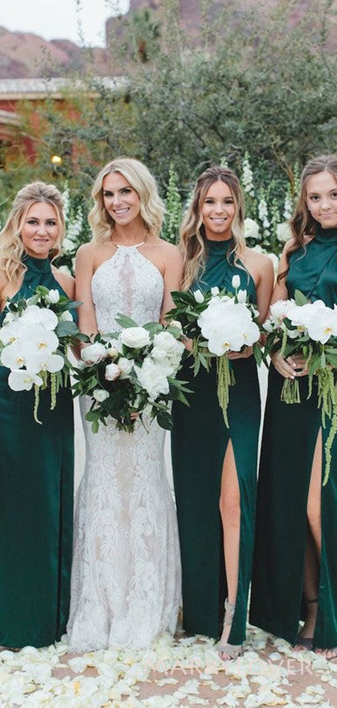 Dark Green Satin Halter Side Slit Long Custom Bridesmaid Dresses, MRB0113