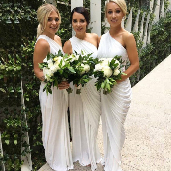 Popular White Jersey Mermaid  Long Custom One Shoulder Bridesmaid Dresses, MRB0114