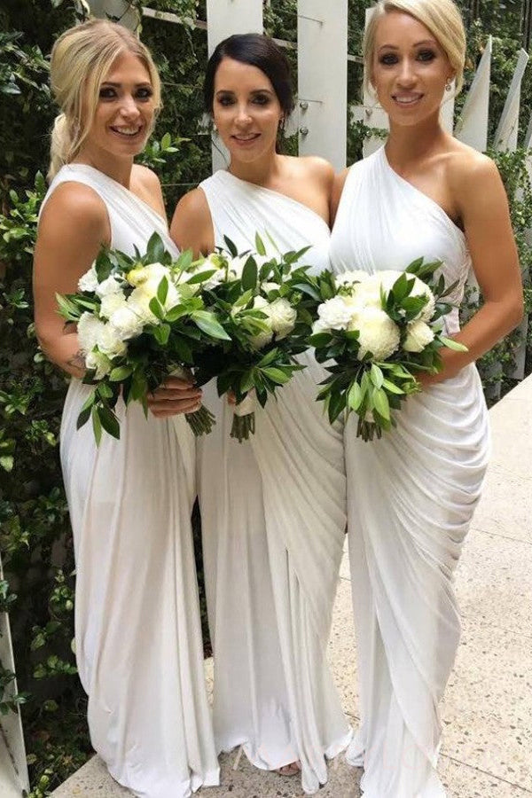 Popular White Jersey Mermaid  Long Custom One Shoulder Bridesmaid Dresses, MRB0114