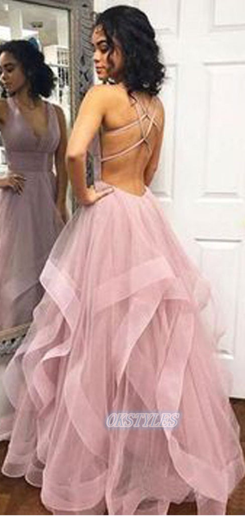 Sexy Organza V-neck Sleeveless Lace up back Long Prom Dresses, OL004