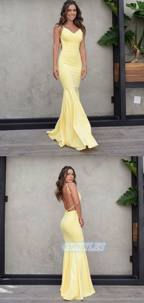 Sexy Mermaid V-neck Sleeveless Open Back Long Prom Dresses, OL005