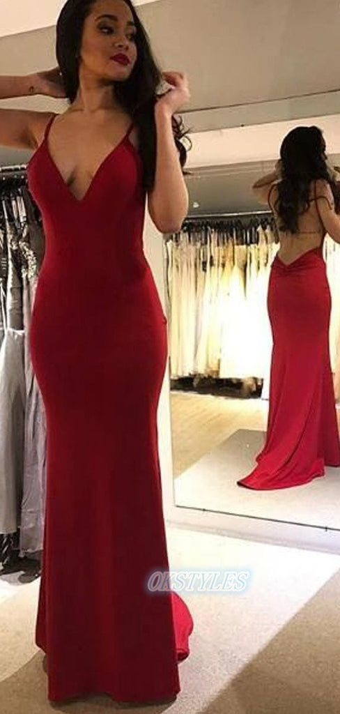 Charming Mermaid V-neck Sleeveless Open Back Long Prom Dresses, OL006