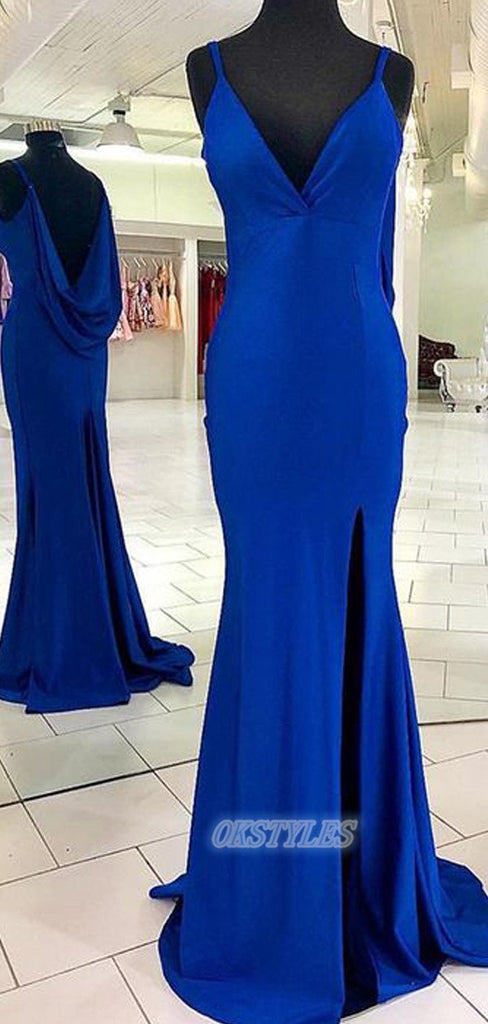 Mermaid V-neck Spaghetti Strap Side Slit Long Prom Dresses, OL007