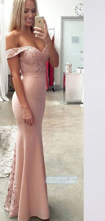 Elegant Mermaid Lace Off-Shoulder Floor Length Prom Dresses, OL009