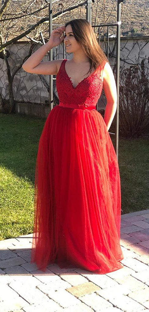 Red A-line Lace V Neck Long Evening Prom Dresses, Sweet 16 Prom Dresses, PY015