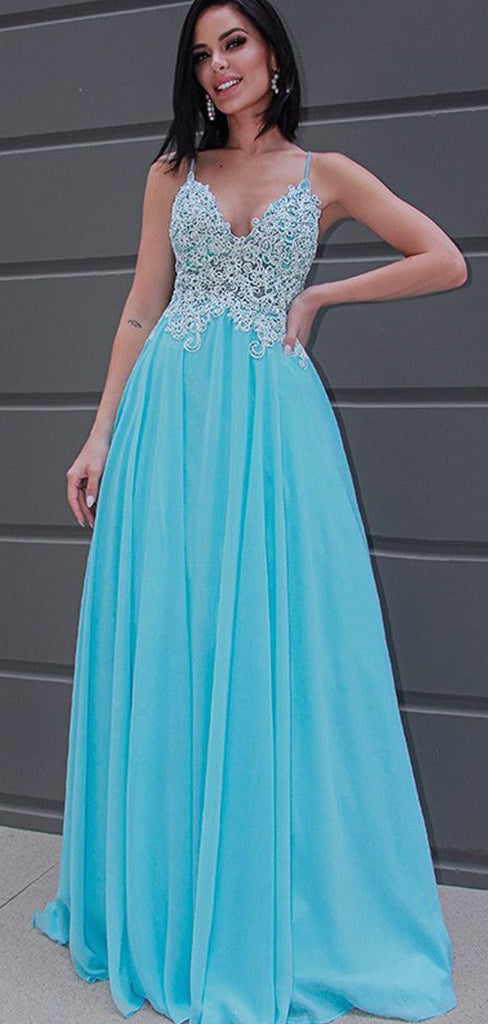 Blue A-line Lace Sleeveless Evening Prom Dresses, Sweet 16 Prom Dresses, OL085