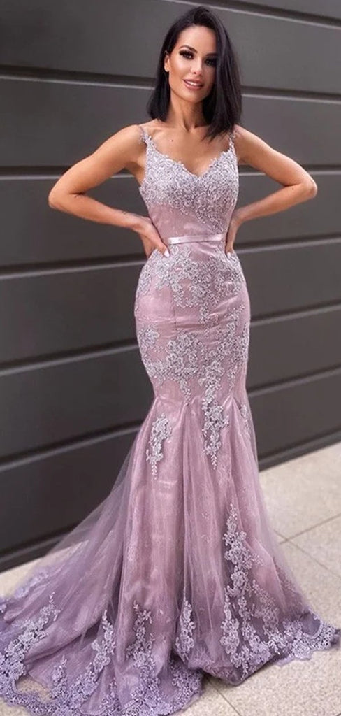 Mermaid Lace Applique V Neck Evening Prom Dresses, Sweet 16 Prom Dresses, OL084