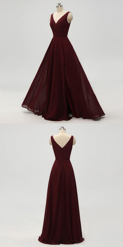 A-line V-neck Dark Red Chiffon Bridesmaid Dresses With Pleats, BD0557-1