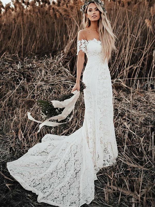Mermaid Off-shoulder Full Lace Long Wedding dresses With Train, WD0416