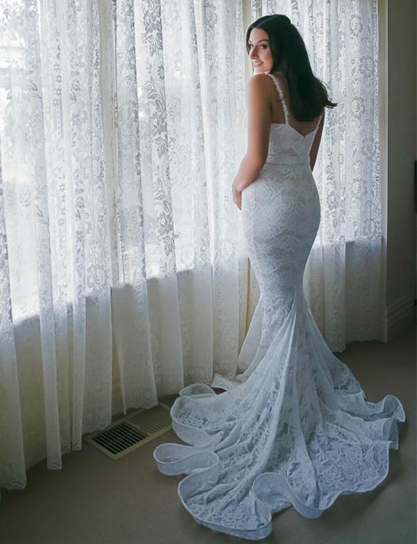 Spaghetti Straps V-neck Backless Full Lace Wedding Dresses, WD0389