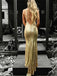 Mermaid V-Neck Backless Gold Sequins Long Prom Dresses With Train, PD0128