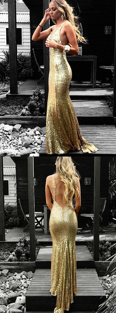 Mermaid V-Neck Backless Gold Sequins Long Prom Dresses With Train, PD0128